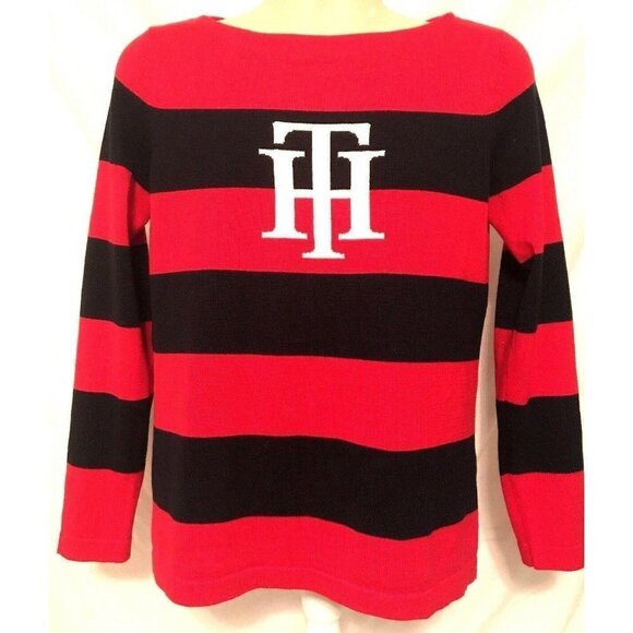 Tommy Hilfiger TH Red Blue Striped Fitted Pullover Sweater Medium Stretch Logo - Picture 2 of 9